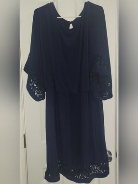Jessica Howard Navy Blue Midi Dress with Lace Sleeve and Hem Detail